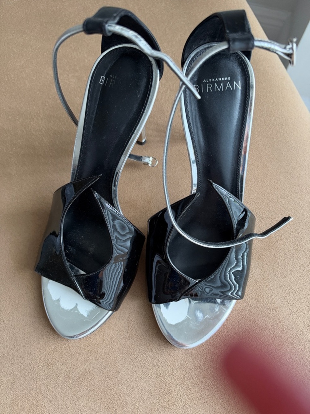 Alexandre Birman Black Patent with Silver Accents Open-Toe Ankle-Strap Heels